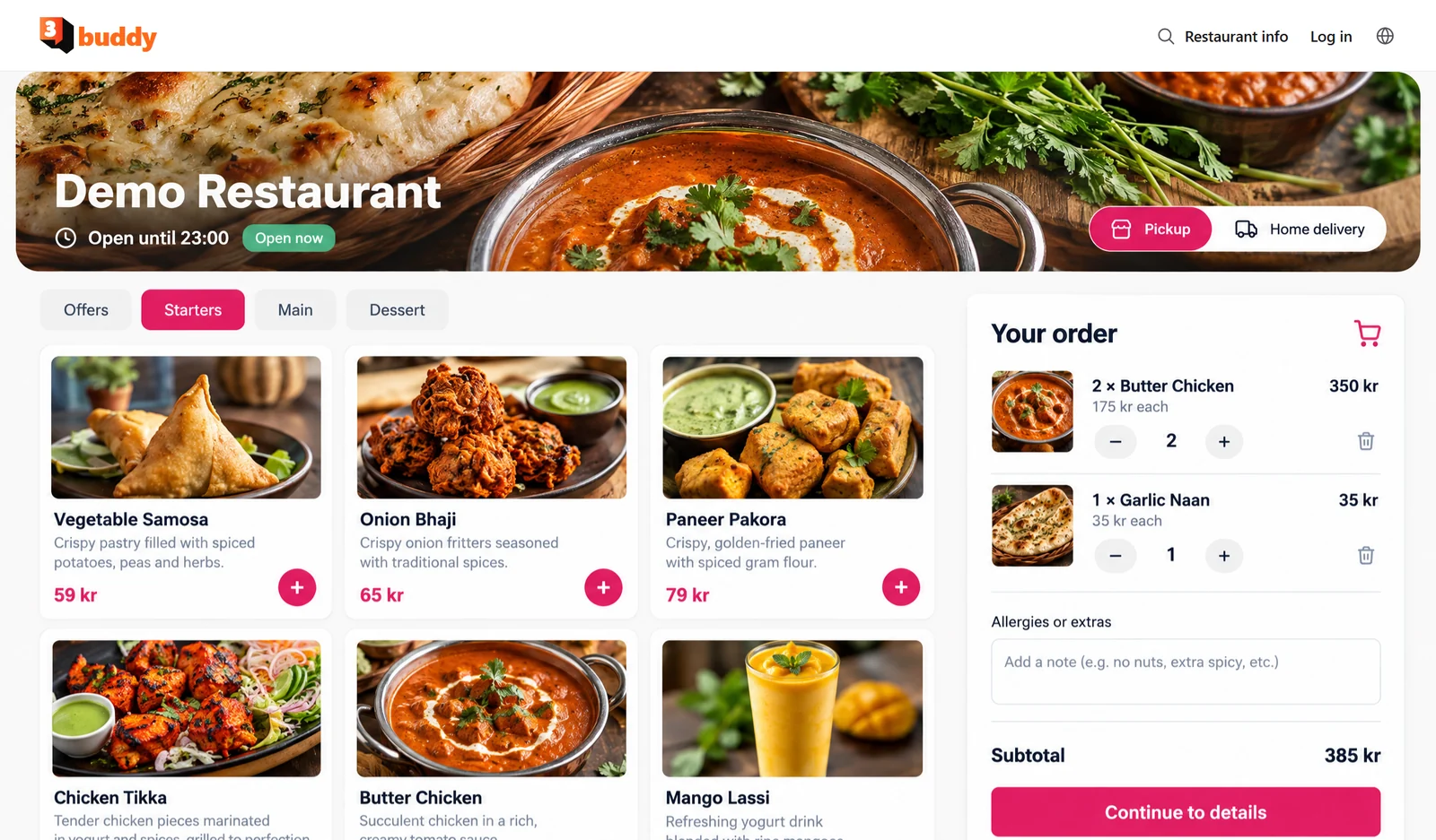 The 3buddy order page for Demo Restaurant